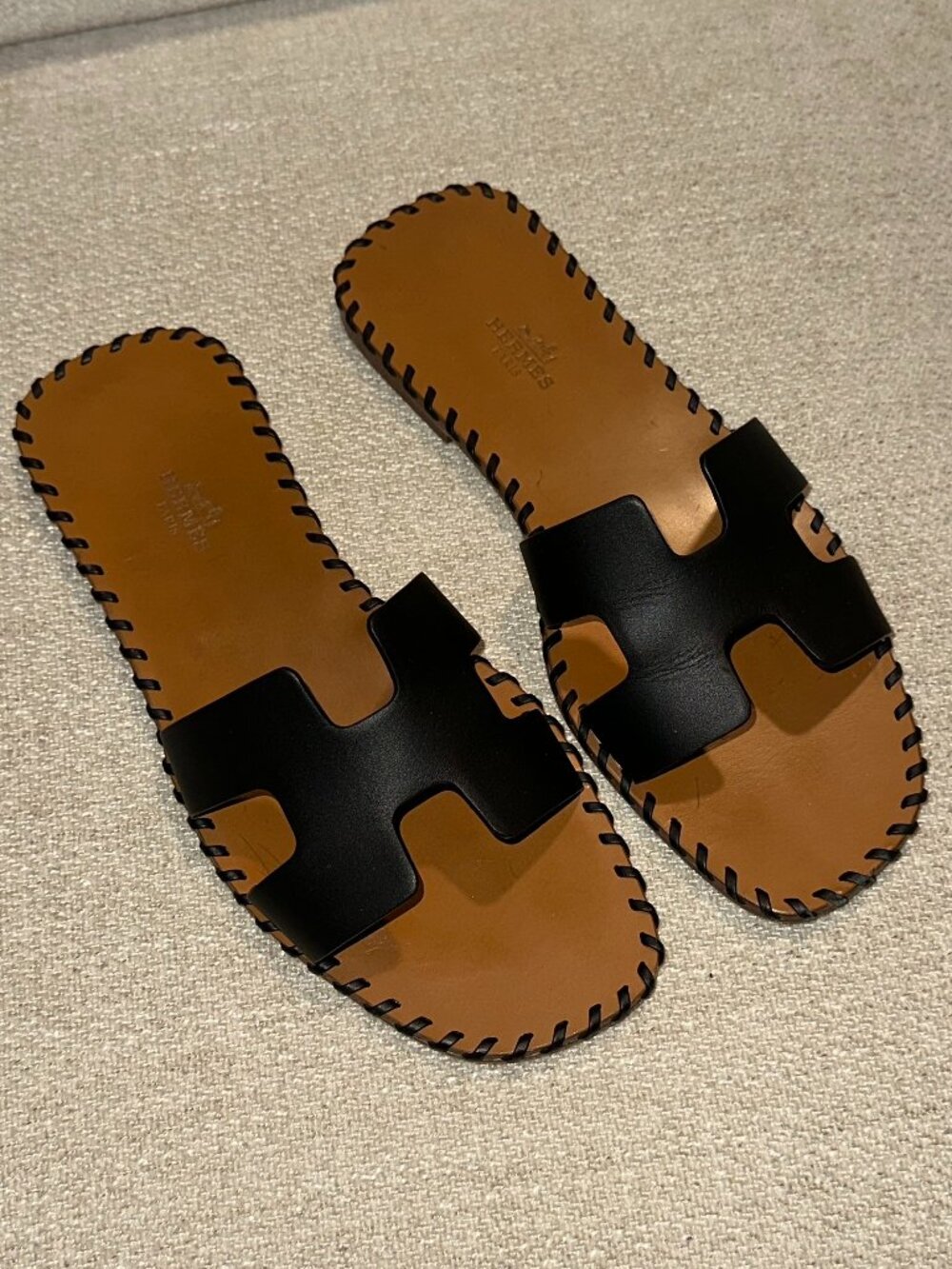 Hermes Oran Sandal - 2021 Black Whipstitch Trim LIMITED EDITION